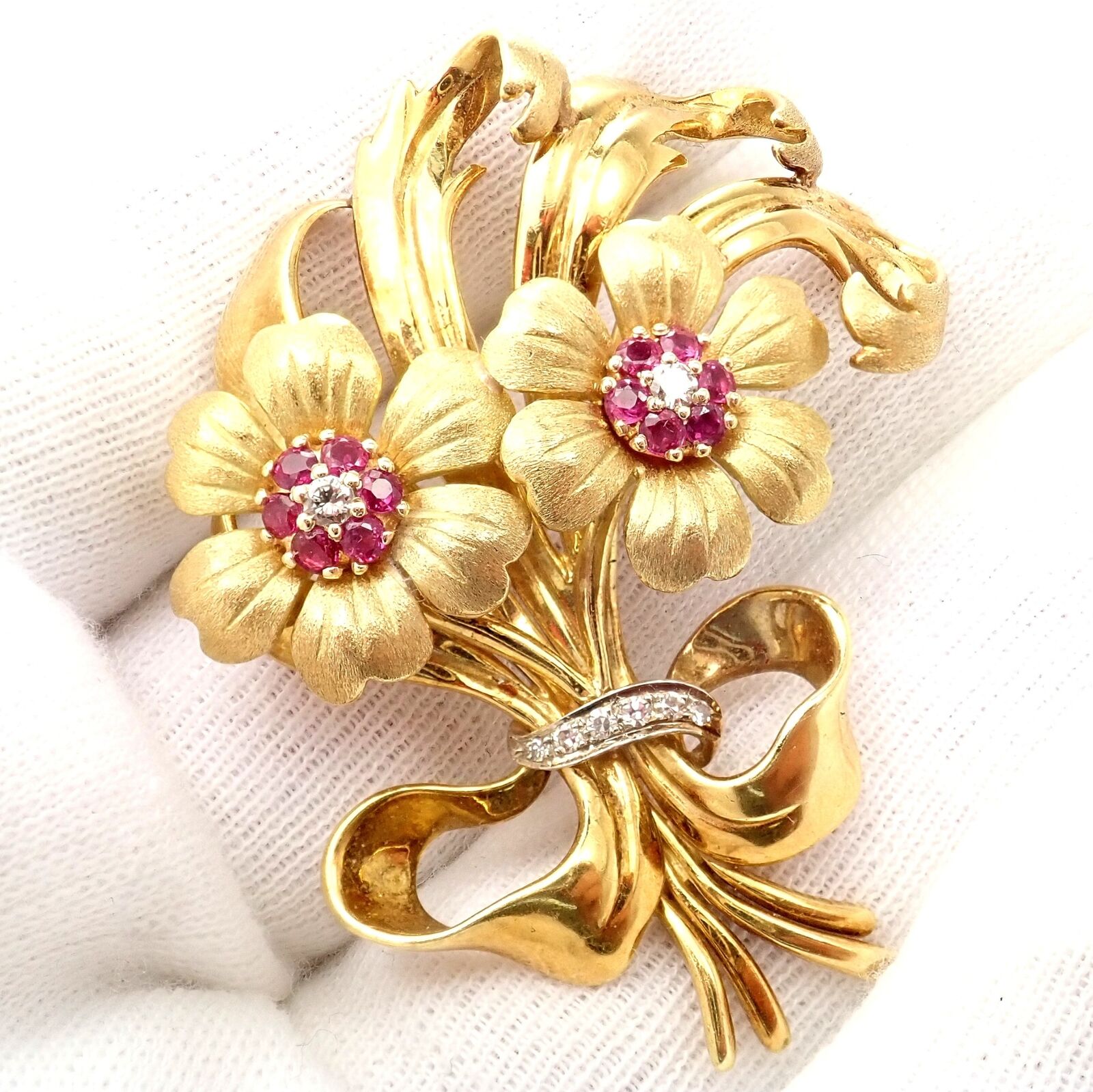 Authentic Vintage Cartier 18k Yellow Gold Ruby Diamond Flower Large Brooch  Pin